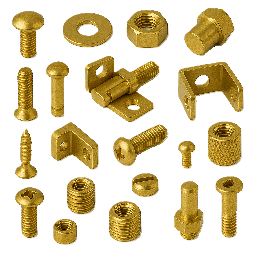 Assorted brass fasteners and hardware components including nuts, bolts, washers, and threaded inserts arranged on a white background.