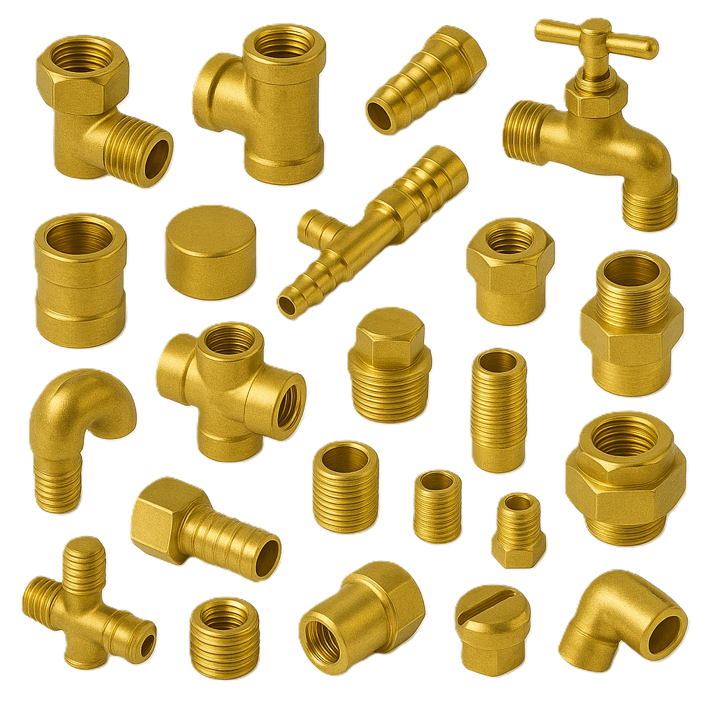 Assorted brass plumbing parts including fittings, elbows, nipples, and connectors displayed on a plain surface.