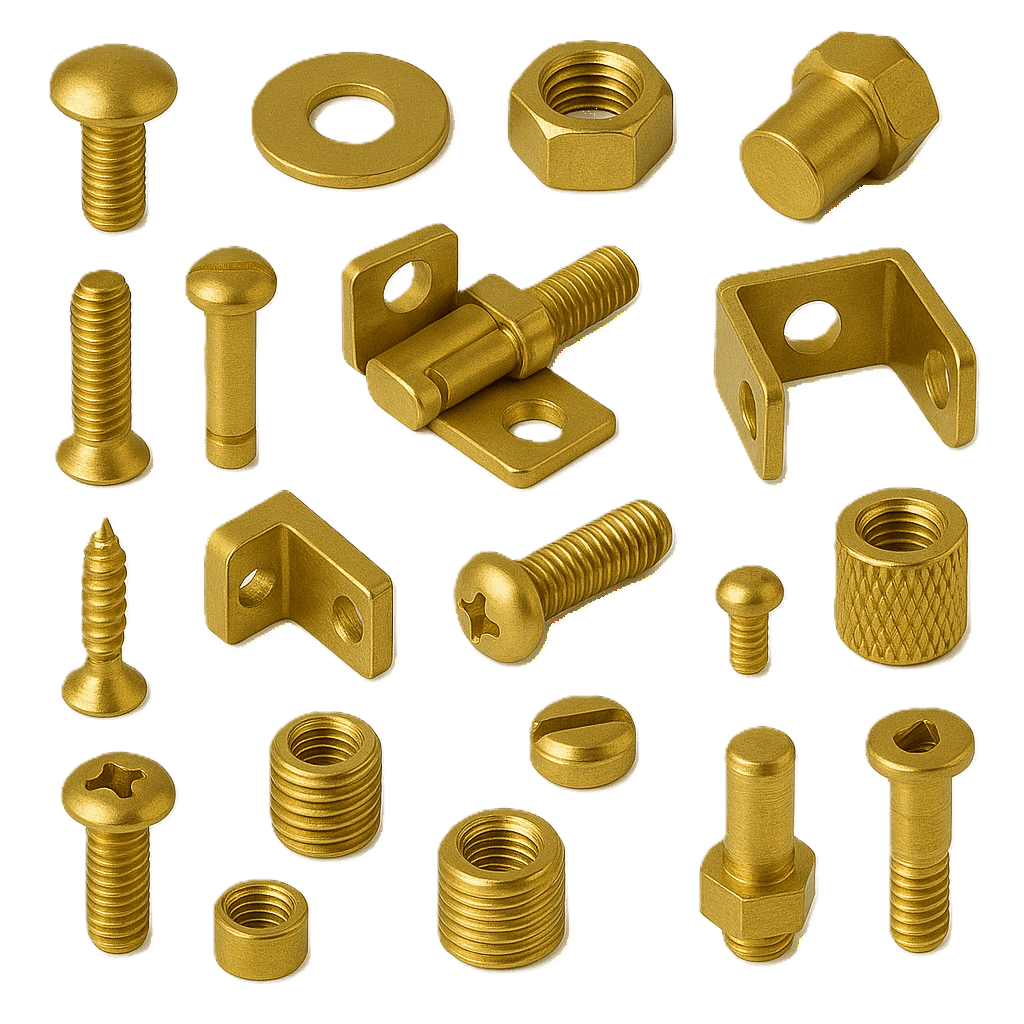 Assorted brass fasteners and hardware components including nuts, bolts, washers, and threaded inserts arranged on a white background.