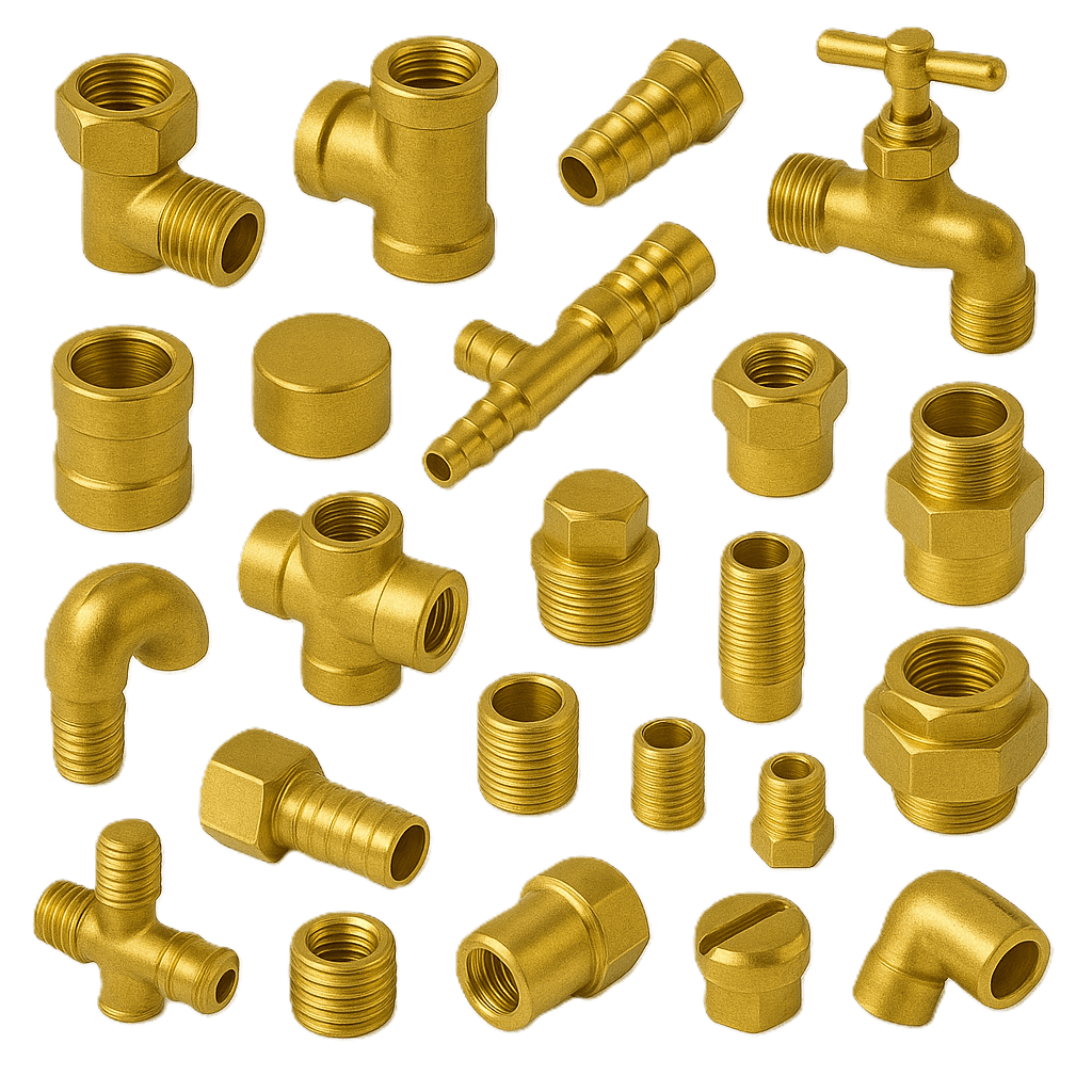Assorted brass plumbing parts including fittings, elbows, nipples, and connectors displayed on a plain surface.